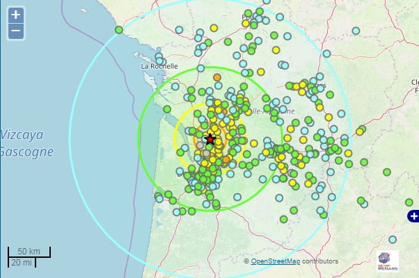 séisme à environ 35 km à l’E de Pauillac (dépt. 33, à 10h56 heure locale, M=4,9)